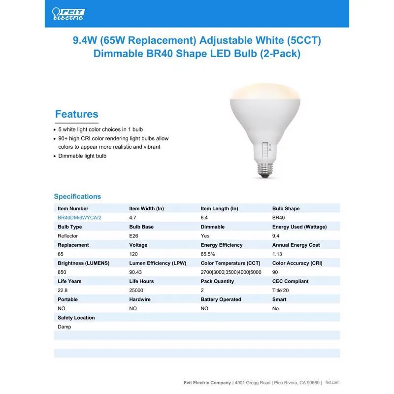 Feit LED BR40 E26 (Medium) LED Floodlight Bulb Tunable White/Color Changing 65 Watt Equivalence 2 pk