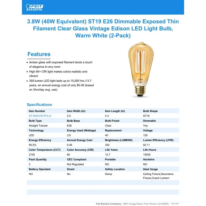 Feit LED Filament ST19 E26 (Medium) Filament LED Bulb Warm White 40 Watt Equivalence 2 pk