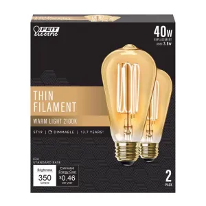 Feit LED Filament ST19 E26 (Medium) Filament LED Bulb Warm White 40 Watt Equivalence 2 pk