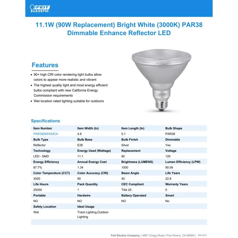 Feit PAR38 E26 (Medium) LED Bulb Bright White 90 Watt Equivalence 1 pk