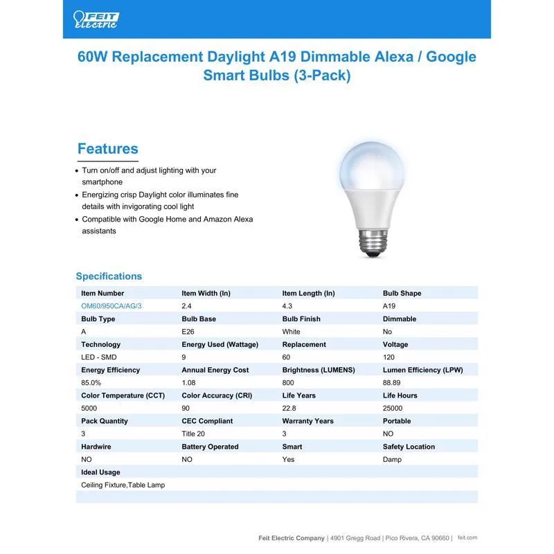 Feit Smart Home A19 E26 (Medium) Smart-Enabled LED Bulb Daylight 60 Watt Equivalence 3 pk