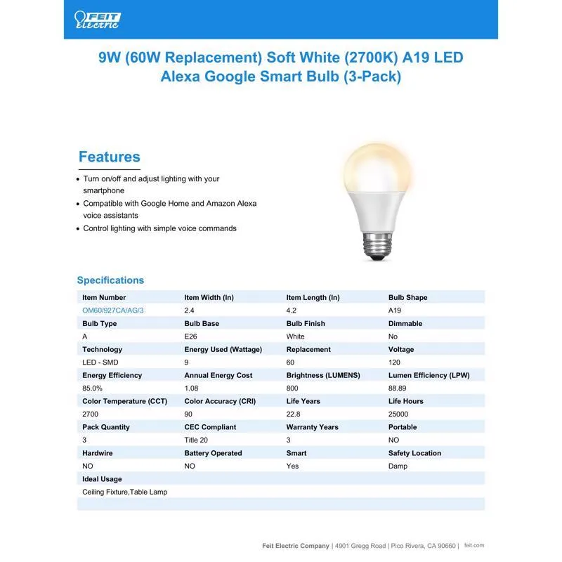 Feit Smart Home A19 E26 (Medium) Smart-Enabled LED Bulb Soft White 60 Watt Equivalence 3 pk