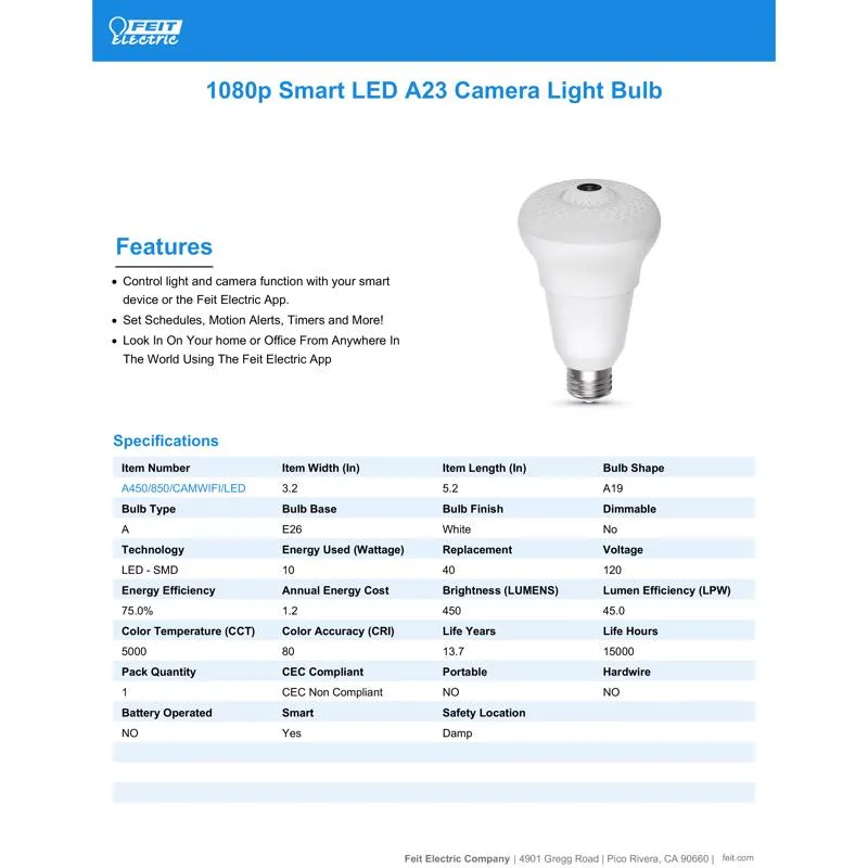 Feit Smart Home A23 E26 (Medium) Smart-Enabled LED Bulb Daylight 40 Watt Equivalence 1 pk