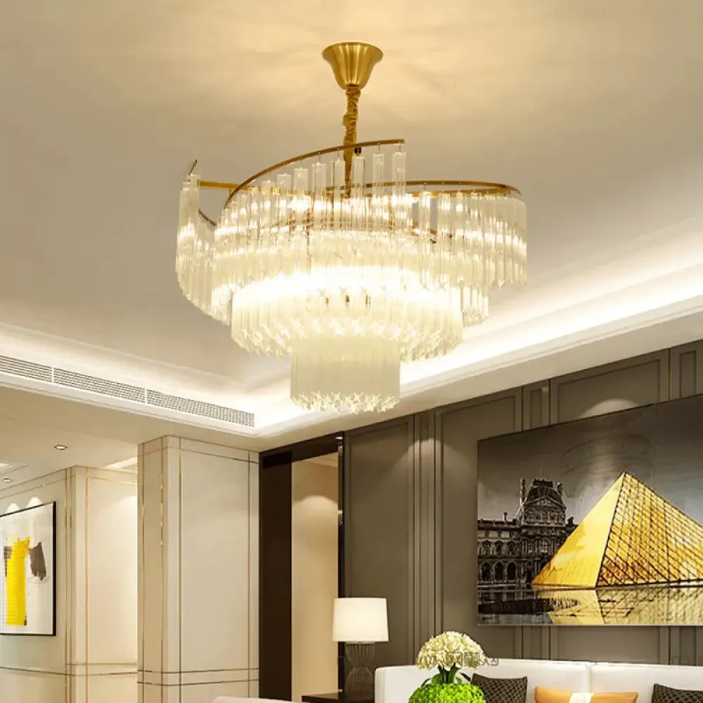 Golden Tiered Crystal Rod Chandelier: 8-Bulb LED Pendant Light for Living Room