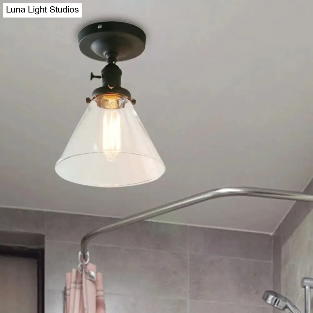 Industrial Black Ceiling Lighting: Semi Flush Light with Clear Glass Cone Shade for Living Room