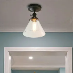 Industrial Black Ceiling Lighting: Semi Flush Light with Clear Glass Cone Shade for Living Room