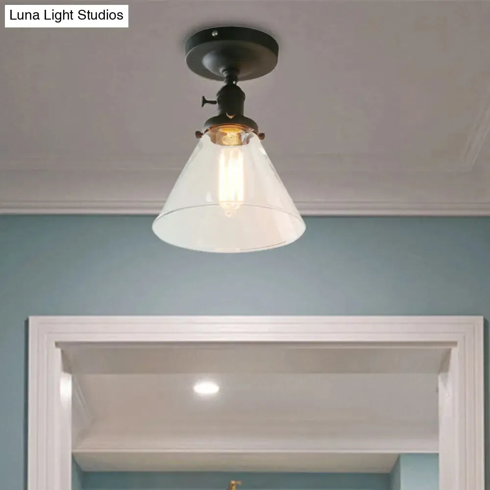 Industrial Black Ceiling Lighting: Semi Flush Light with Clear Glass Cone Shade for Living Room