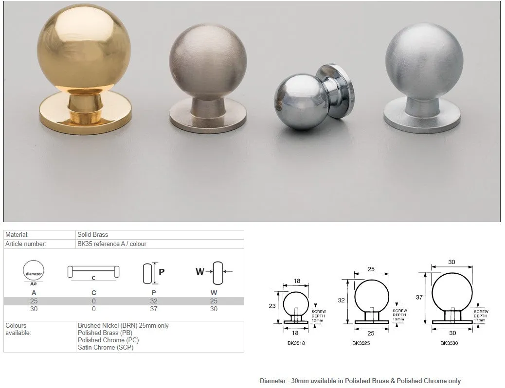 KETHY BK35 CABINET KNOB BULB SOLID BRASS 30MM