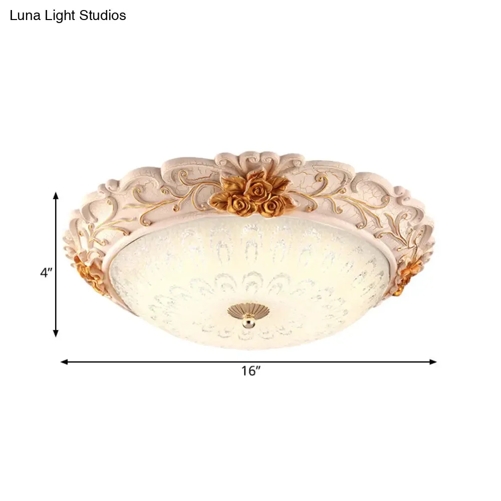 Korean Country Style Gold LED Flush Mounted Light with Seeded Glass Carved Flower Design - available in 12"/16" Width