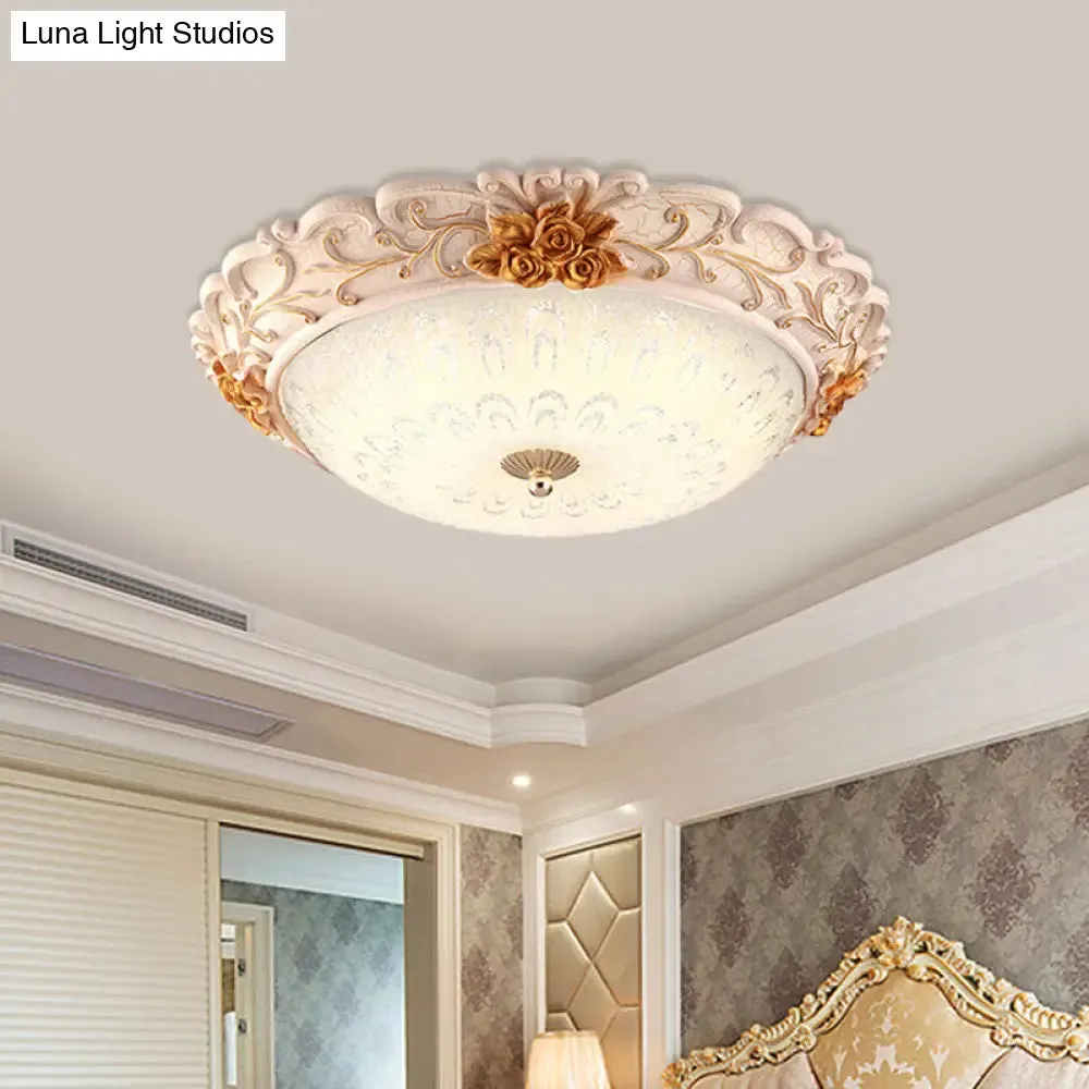 Korean Country Style Gold LED Flush Mounted Light with Seeded Glass Carved Flower Design - available in 12"/16" Width