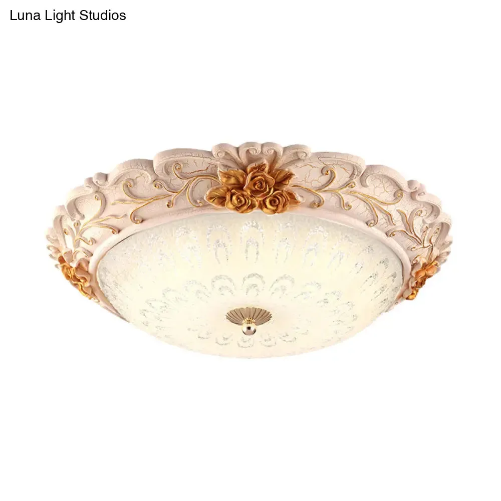 Korean Country Style Gold LED Flush Mounted Light with Seeded Glass Carved Flower Design - available in 12"/16" Width