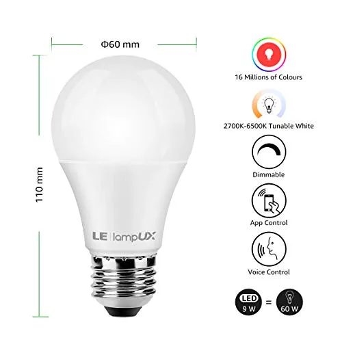 LE Alexa Smart Bulbs E27 Screw, Works with Alexa and Goole Home, No Hub Required, Pack of 2 (9W=60W, Dimmable, RGB   White 2700K-6500K, 2.4GHz Wifi)