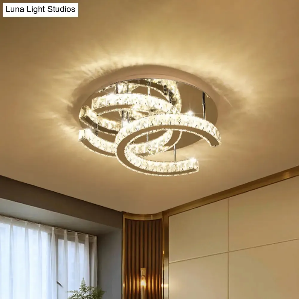 LED Chrome Ceiling Light with Double-C Shaped Beveled K9 Crystal and Flush Mount Design