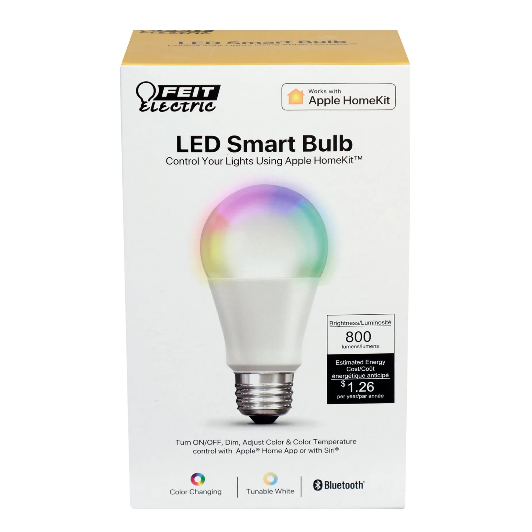 LED Smart Light Bulb,  Apple HomeKit, 60W, 800 Lumens, RGBW, Color Changing & Tunable White