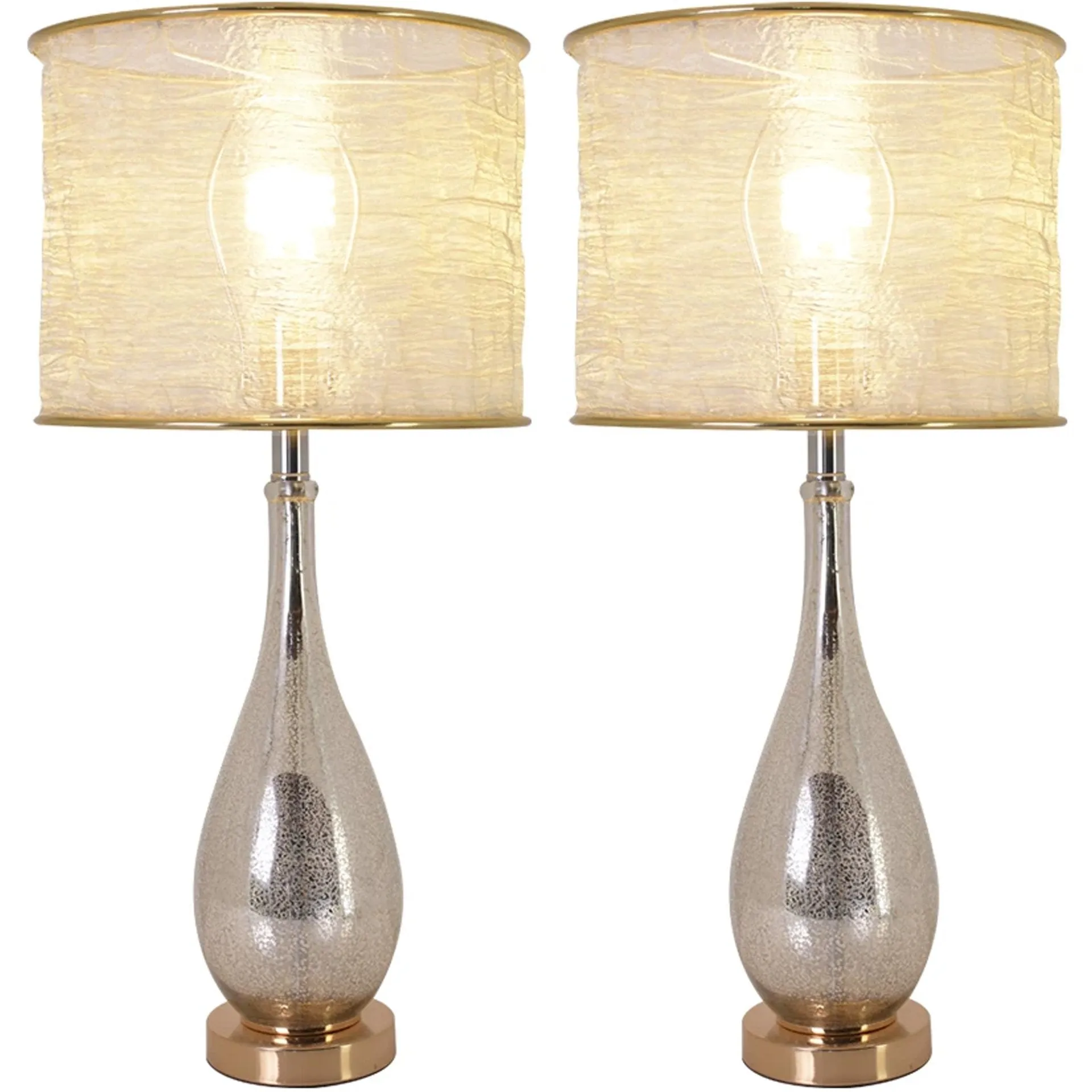 Lola Gold Mercury Droplet Glass Table Lamp 28" - Gold Mercury/Golden Yarn Shade (Set of 2)