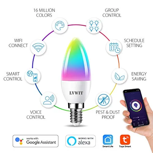 LVWIT E14 Smart WiFi LED Bulb, C37 470Lm, 5W Replace 40 Watt, Compatible with Alexa, Echo and Google Assistant, Dimmed TUYA/Smart Life APP, 4 Pack