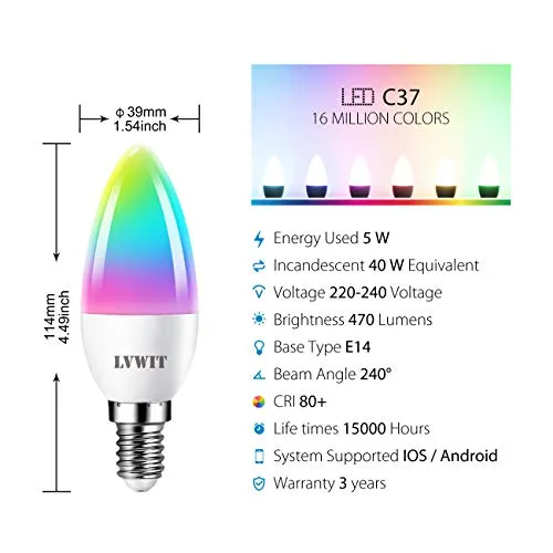 LVWIT E14 Smart WiFi LED Bulb, C37 470Lm, 5W Replace 40 Watt, Compatible with Alexa, Echo and Google Assistant, Dimmed TUYA/Smart Life APP, 4 Pack