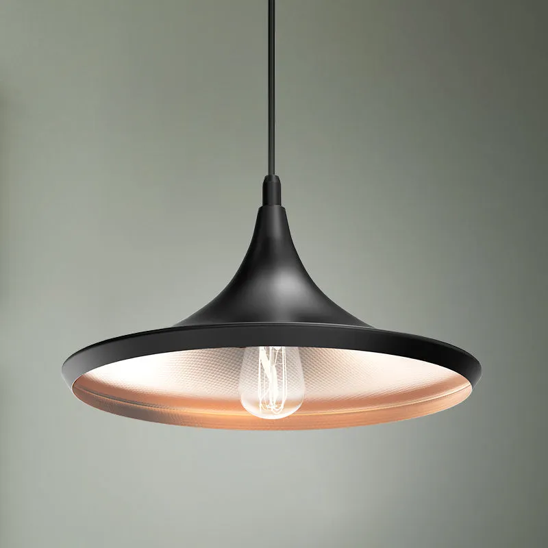 Matte Black Pendant Light Fixture, Trumpet-Shaped, E26 Base, Steel Body, UL Listed