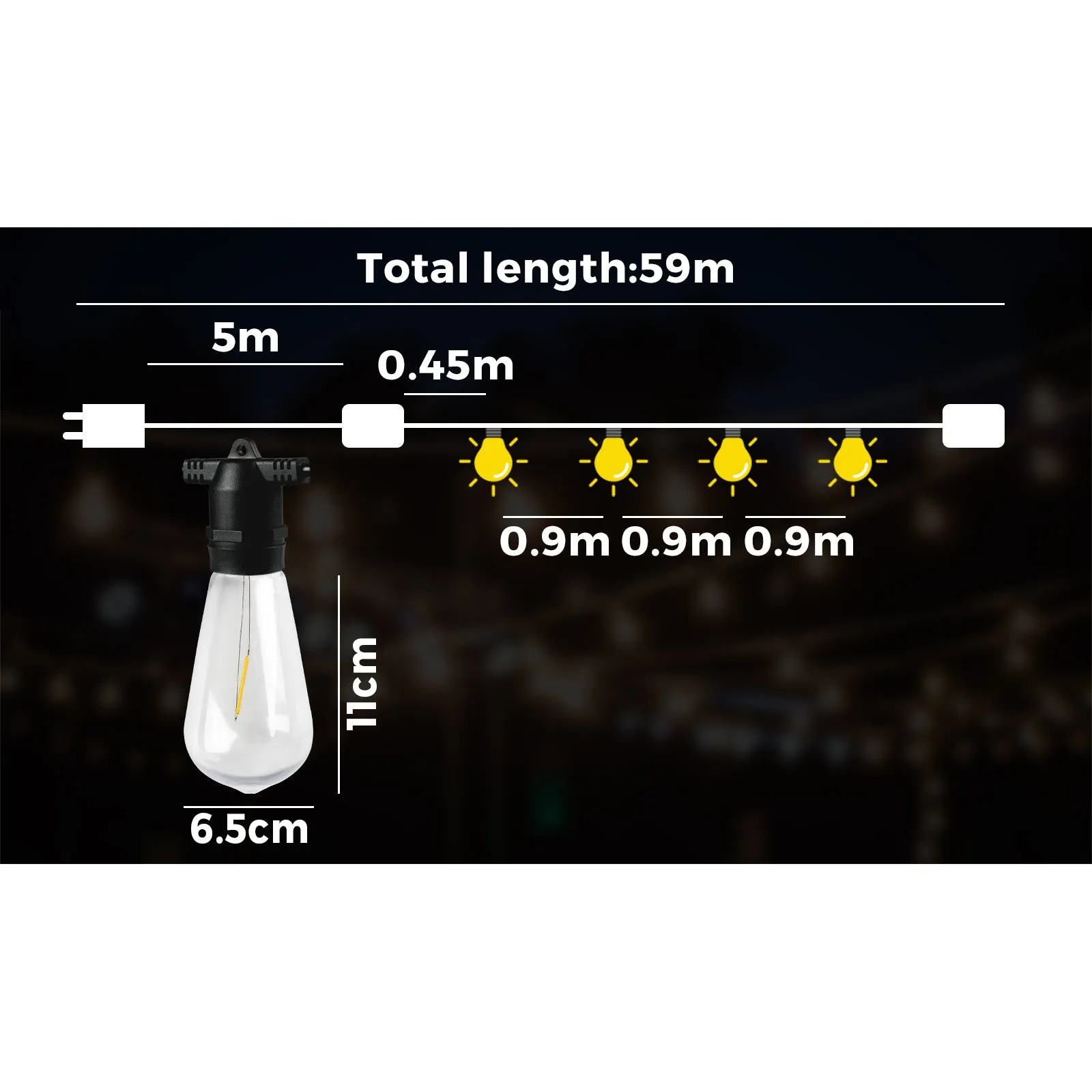 Mazam 59M LED Festoon Lights String Light Waterproof Outdoor Wedding Party