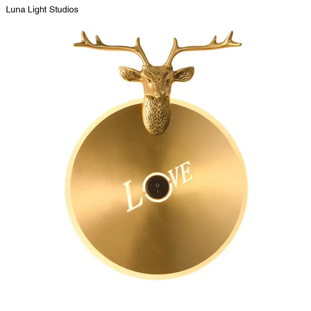 Metal Round Panel LED Wall Sconce in Brass/Black with Elk Decoration - Perfect for Traditional Living Rooms