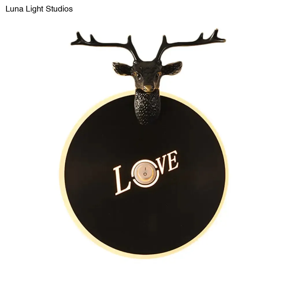 Metal Round Panel LED Wall Sconce in Brass/Black with Elk Decoration - Perfect for Traditional Living Rooms