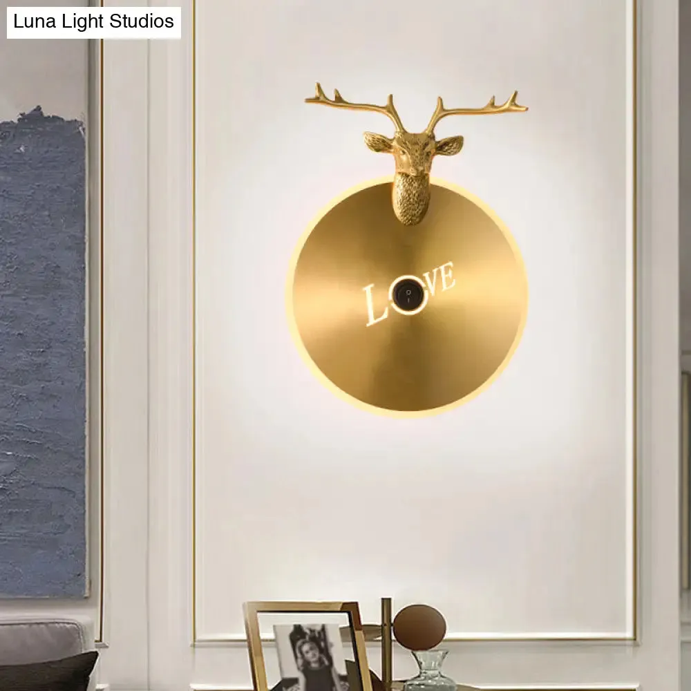 Metal Round Panel LED Wall Sconce in Brass/Black with Elk Decoration - Perfect for Traditional Living Rooms