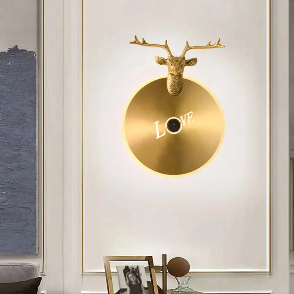 Metal Round Panel LED Wall Sconce in Brass/Black with Elk Decoration - Perfect for Traditional Living Rooms