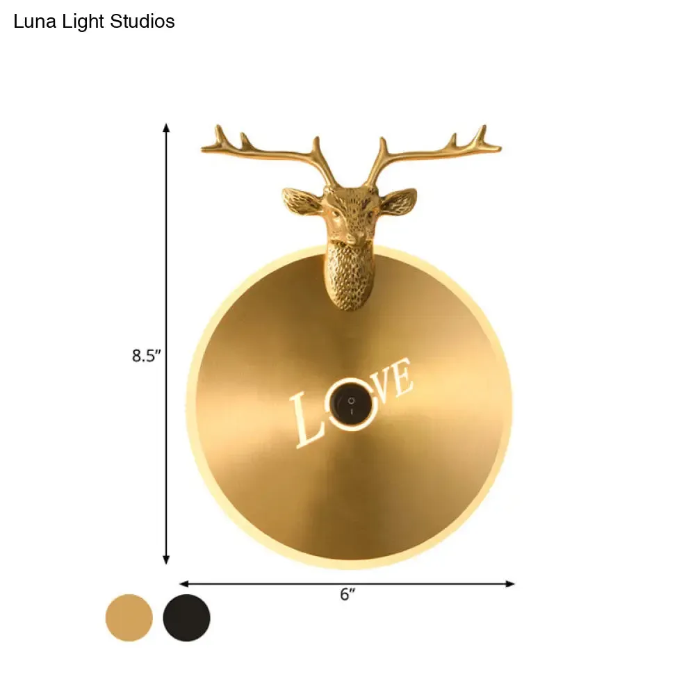 Metal Round Panel LED Wall Sconce in Brass/Black with Elk Decoration - Perfect for Traditional Living Rooms