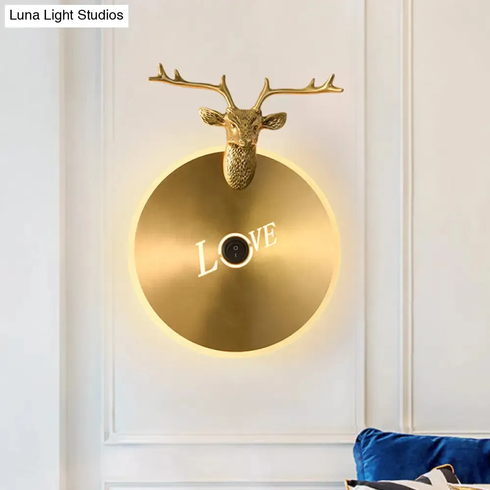 Metal Round Panel LED Wall Sconce in Brass/Black with Elk Decoration - Perfect for Traditional Living Rooms