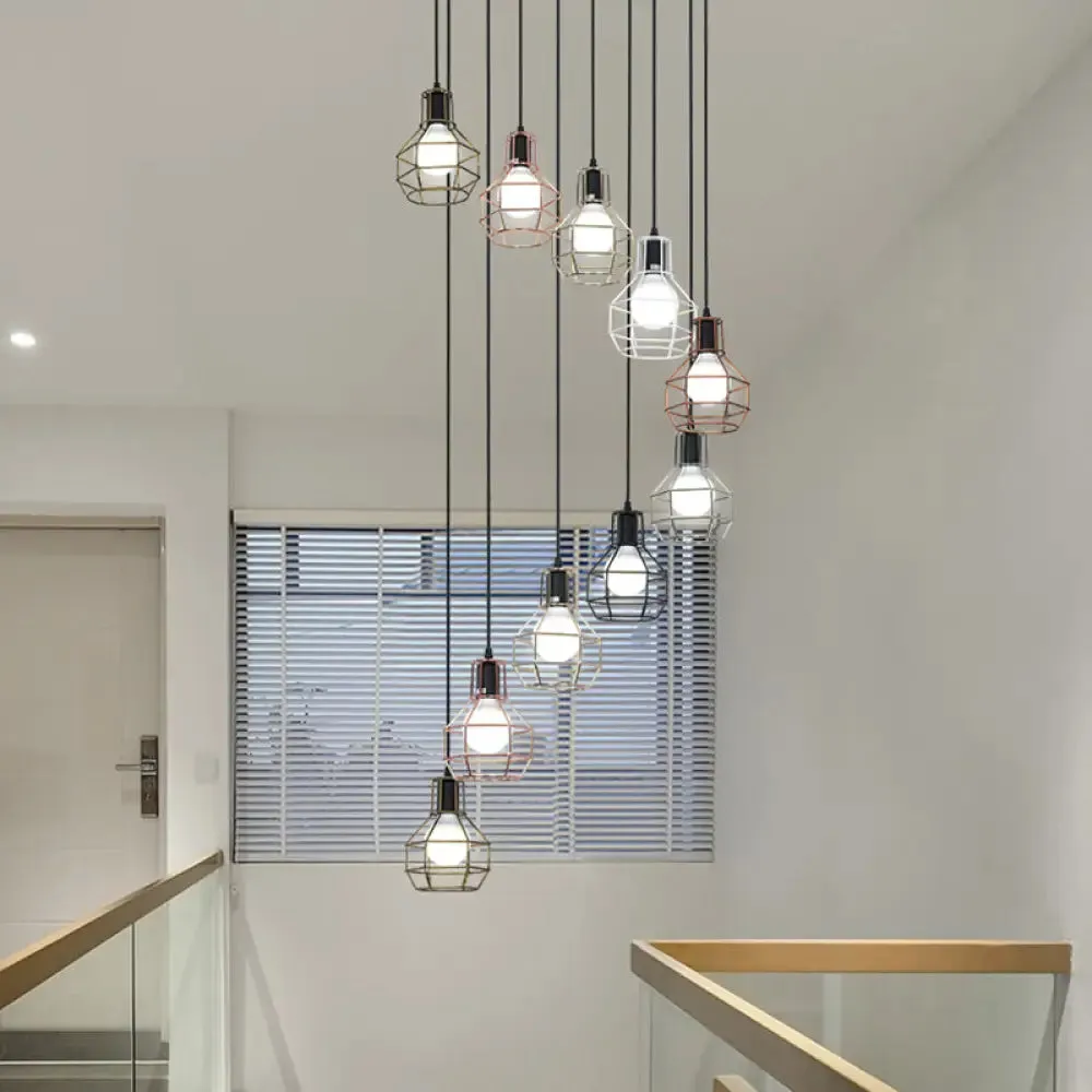 Minimalist Black Metal Grenade Cage Pendant Light for Staircase with Multiple Lights