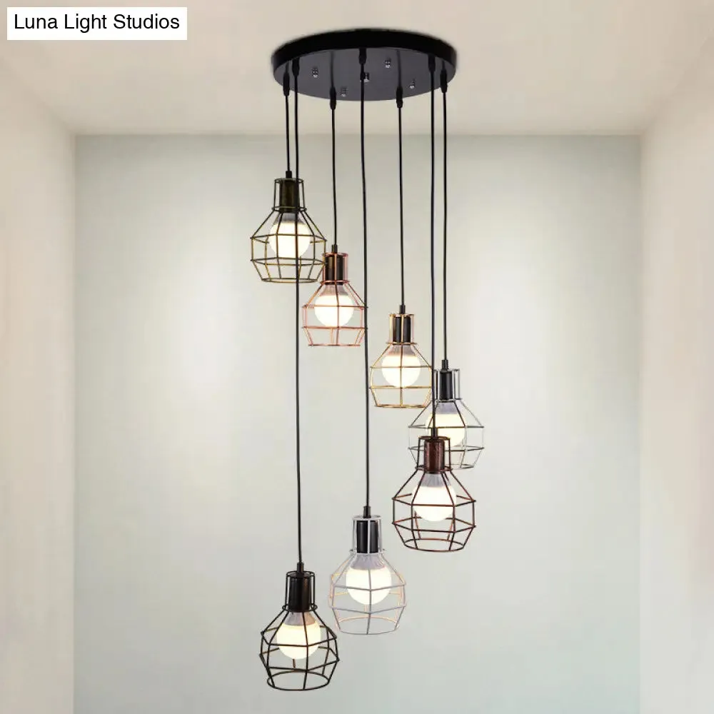 Minimalist Black Metal Grenade Cage Pendant Light for Staircase with Multiple Lights