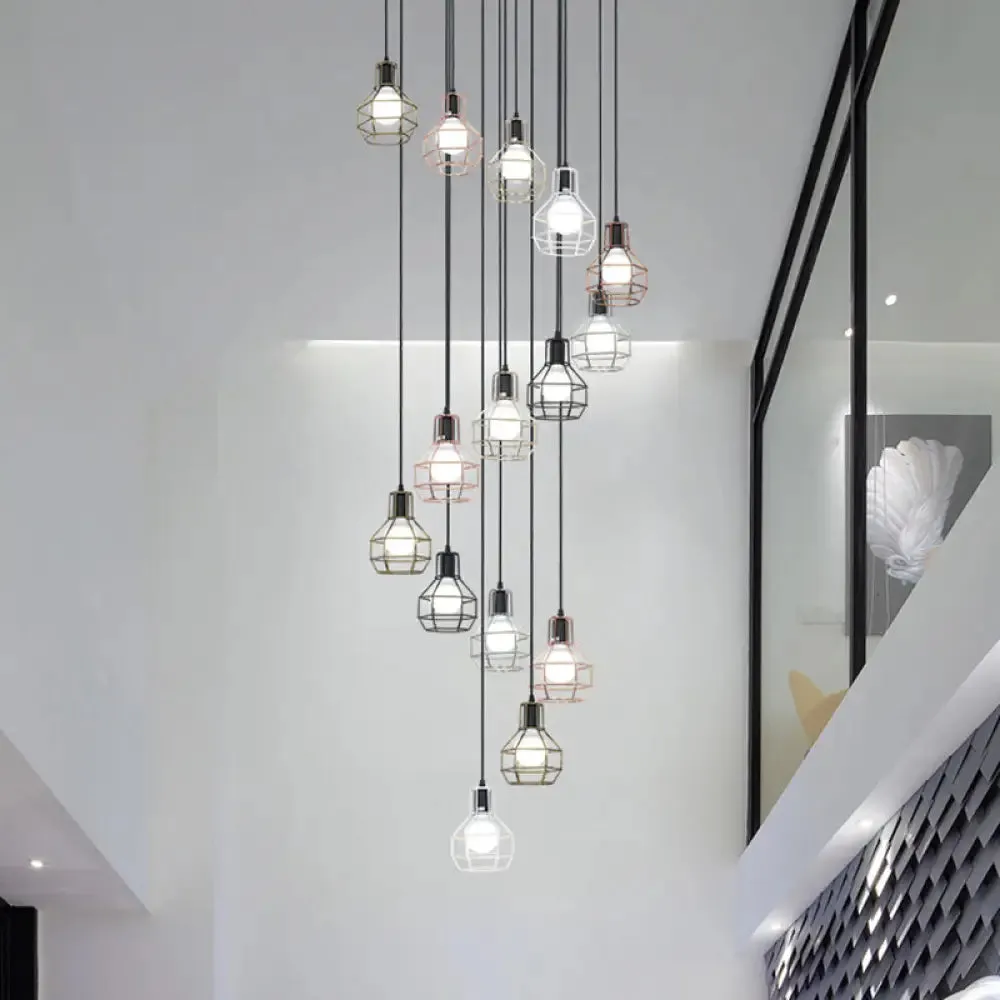 Minimalist Black Metal Grenade Cage Pendant Light for Staircase with Multiple Lights