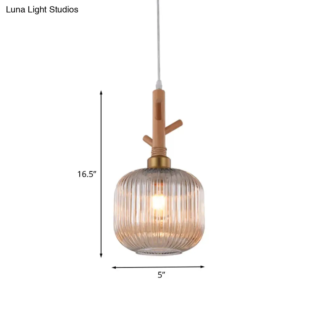 Modern Amber Glass Drum Hanging Light - Kitchen Island Ceiling Lamp with Wood Branch Top