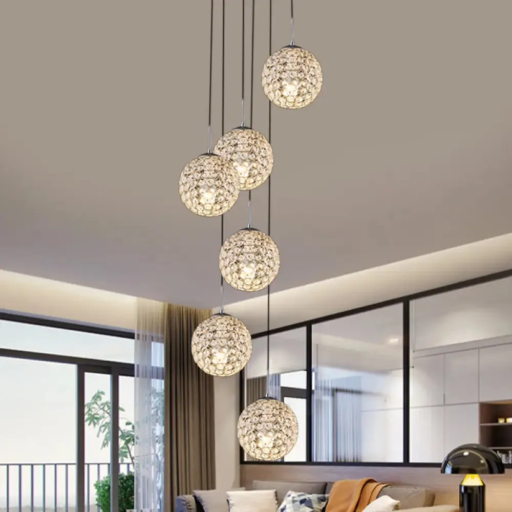 Modern Chrome Pendant Light with Crystal Embellishments and Multiple Bulbs