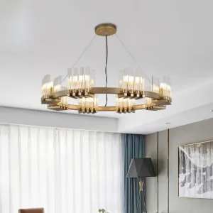 Modern Metal Ring Pendant Light with 24 Lights - Brass Chandelier Lamp Fixture with Clear Glass Shade