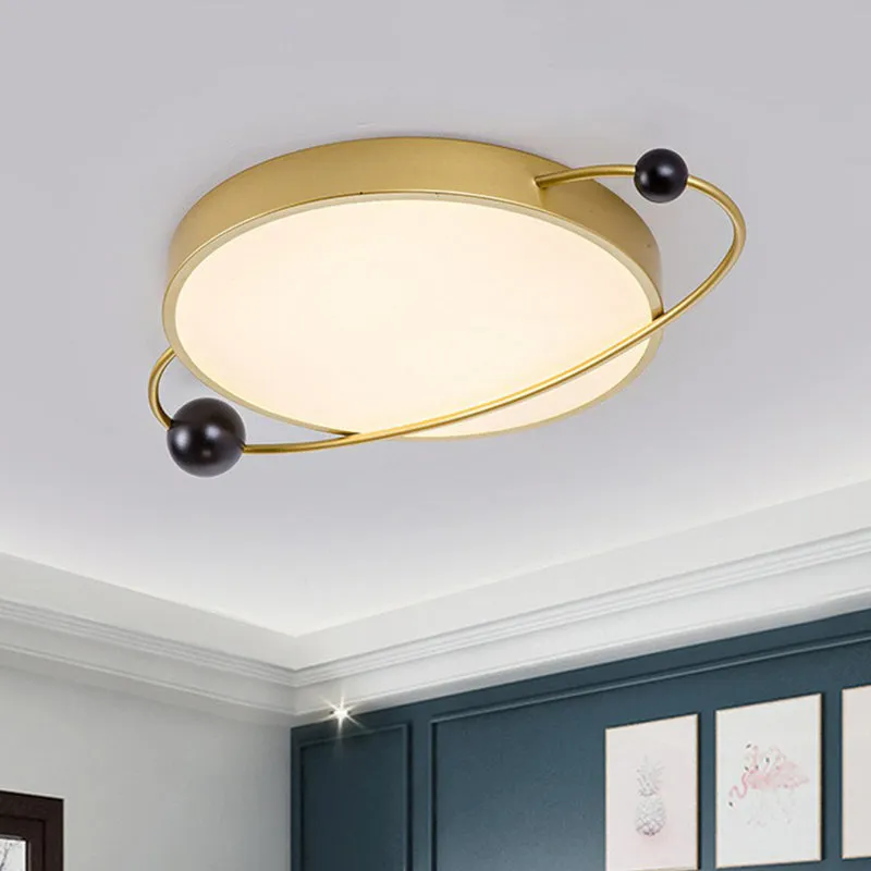 Modern Metallic LED Flush Mount Ceiling Light with Planet Shaped Design and Acrylic Diffuser - Ideal for Living Rooms