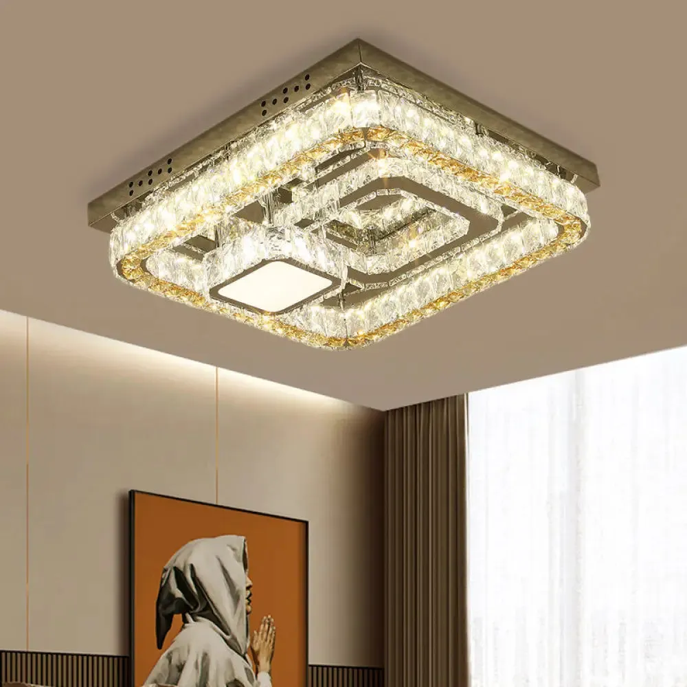 Modern Square Stainless-Steel LED Ceiling Light with Clear Cut Crystal Blocks for Bedroom