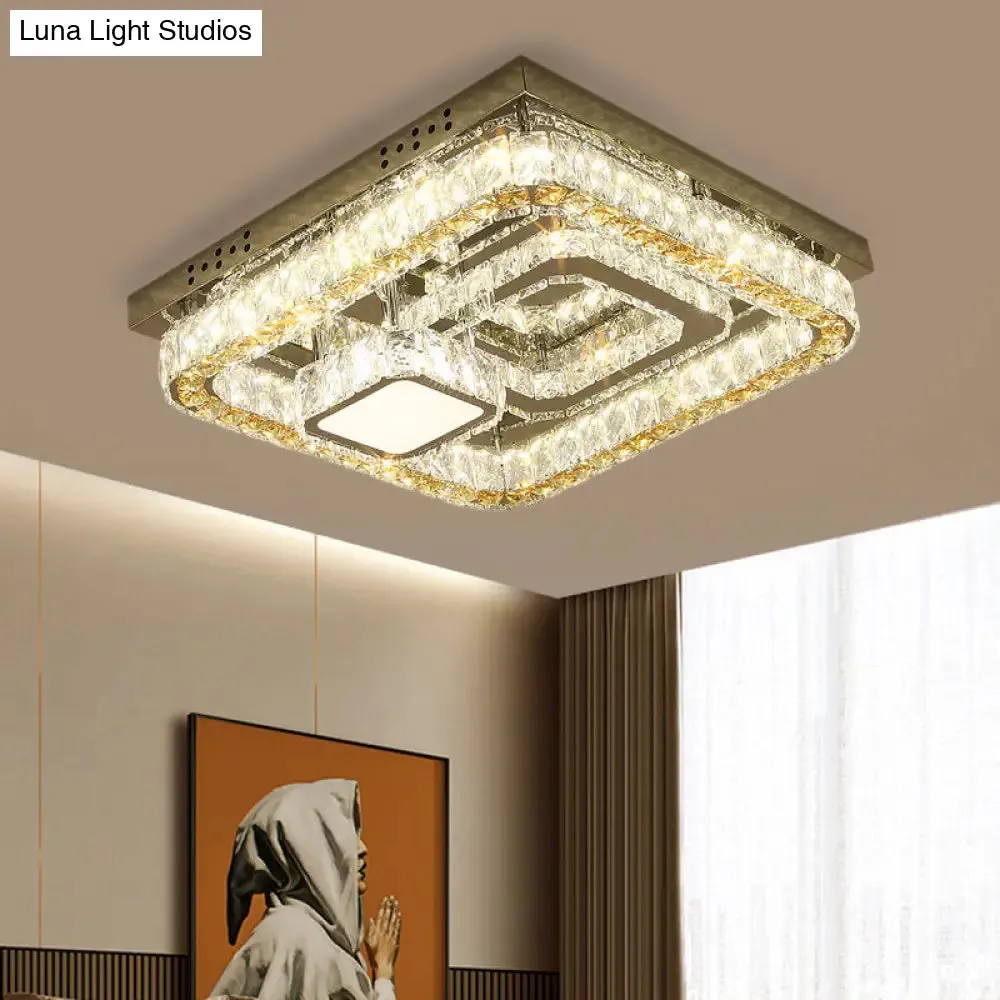 Modern Square Stainless-Steel LED Ceiling Light with Clear Cut Crystal Blocks for Bedroom