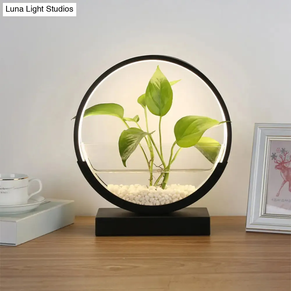 Nordic Circle Table Lamp with Hydroponics Plant Pot Design and LED Night Light