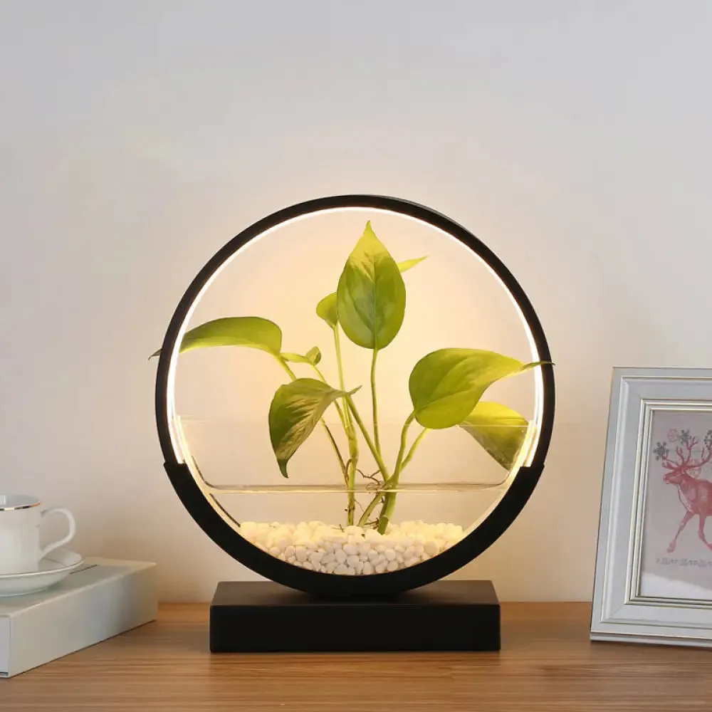 Nordic Circle Table Lamp with Hydroponics Plant Pot Design and LED Night Light