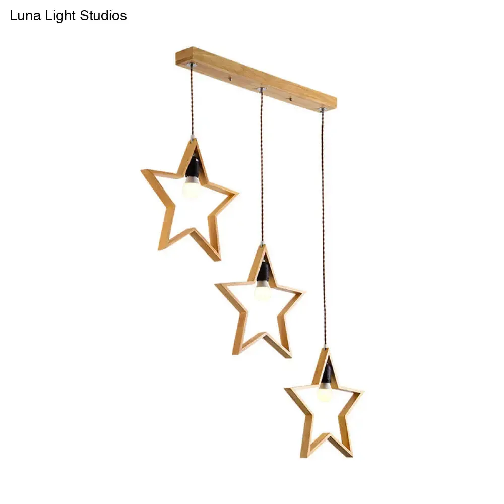 Nordic Style 3-Head Wood Star Pendant Ceiling Light - Wire Frame Multi Suspension Lighting