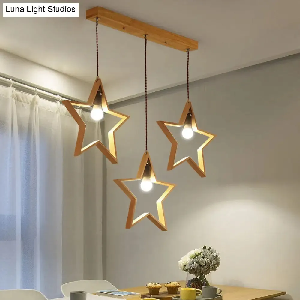 Nordic Style 3-Head Wood Star Pendant Ceiling Light - Wire Frame Multi Suspension Lighting