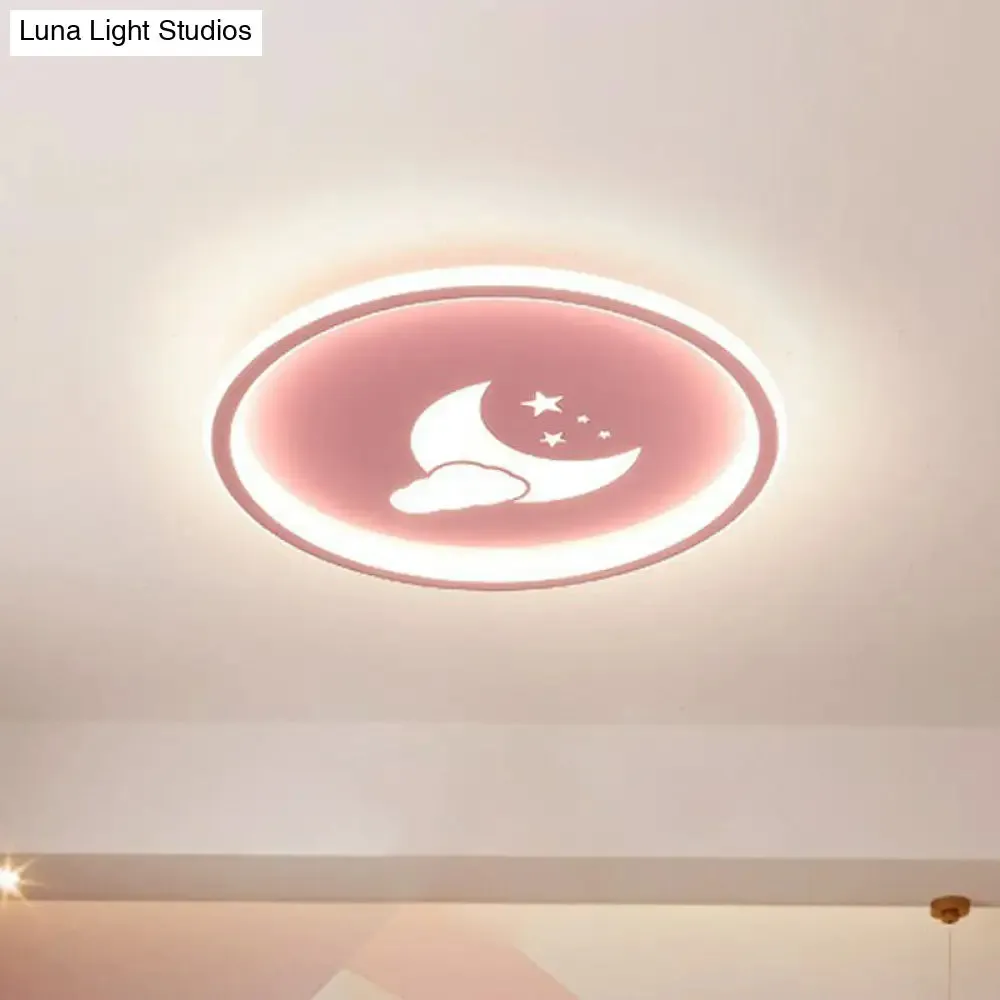 Nordic Style LED Flush Mount Ceiling Light with Star and Moon Pattern - Metallic Ring Shaped