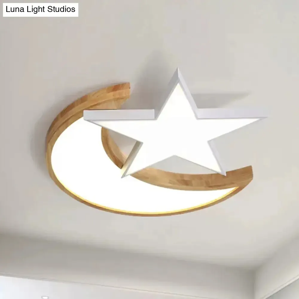 Nordic-Style Wood Star Moon Ceiling Mount Light for Nursing Room and Bedroom