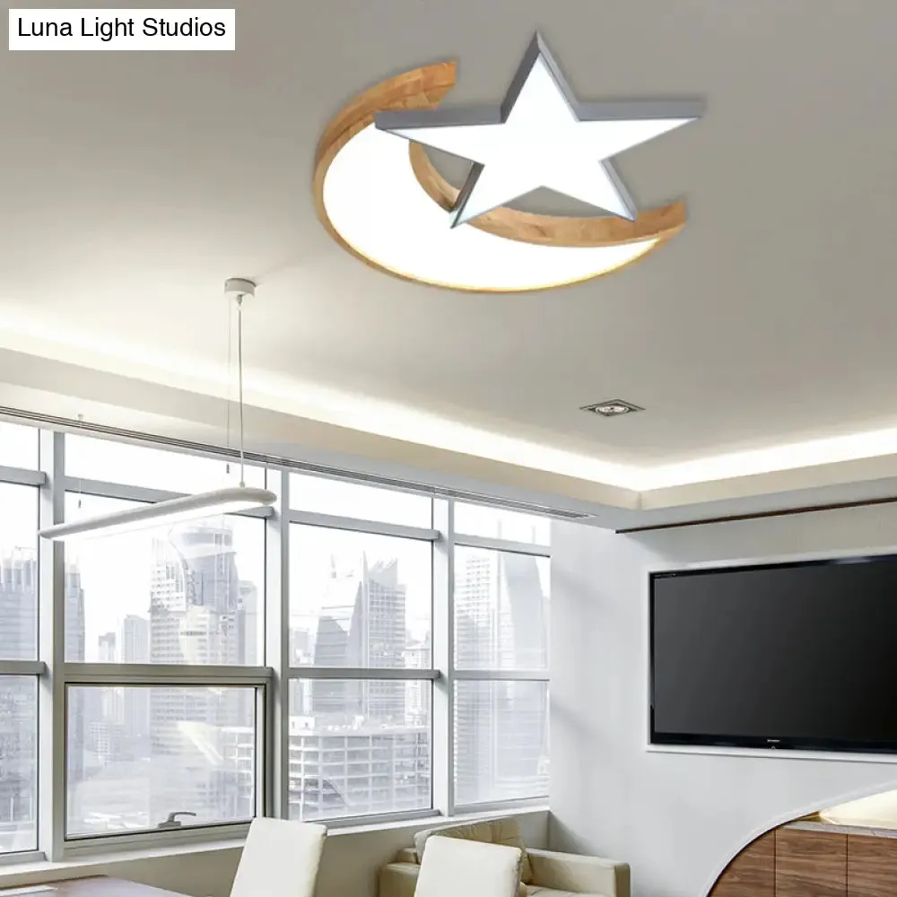 Nordic-Style Wood Star Moon Ceiling Mount Light for Nursing Room and Bedroom