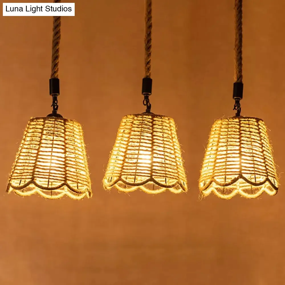 Rustic Rope Brown Pendant Light with Scalloped Trim and Multiple Tapered Heads