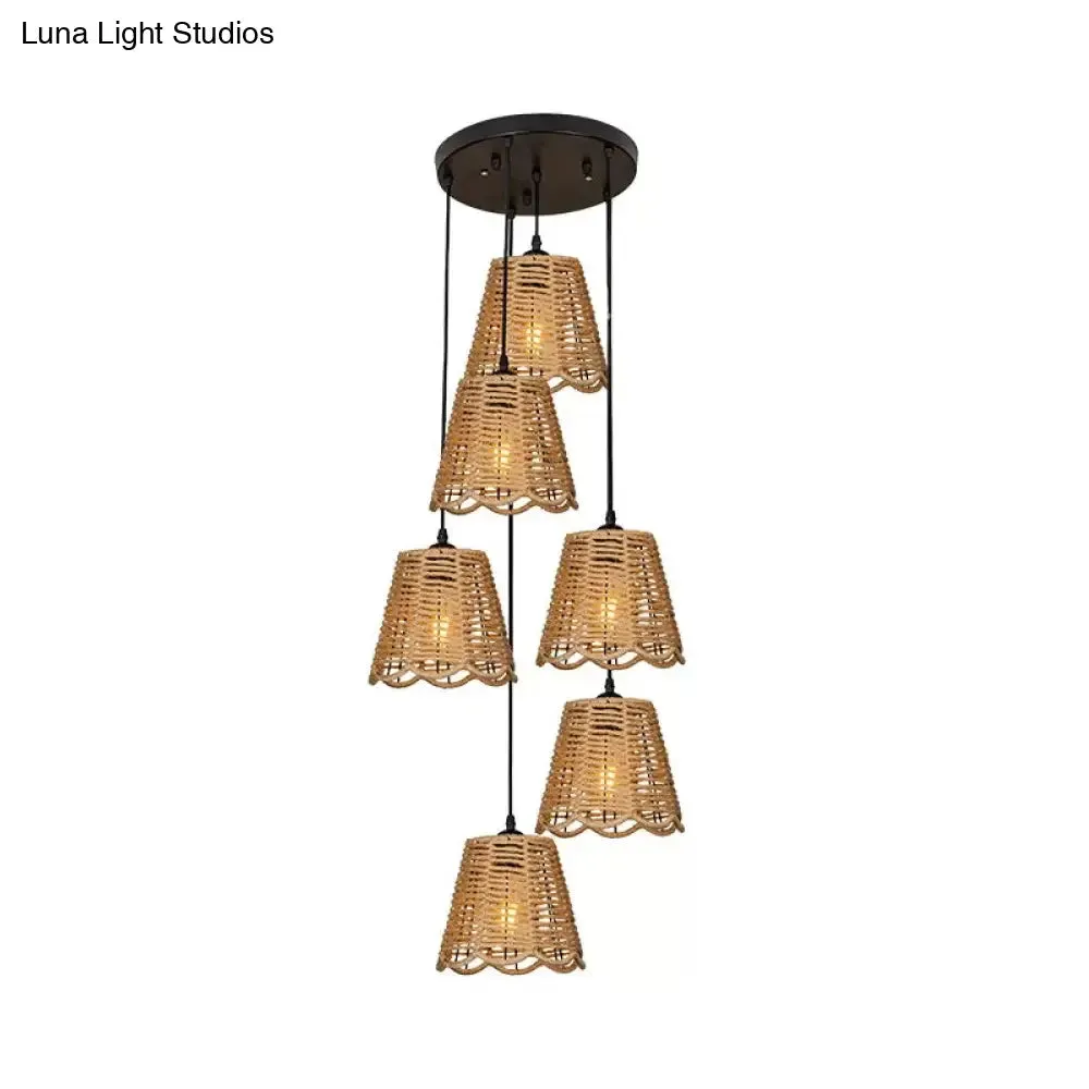 Rustic Rope Brown Pendant Light with Scalloped Trim and Multiple Tapered Heads