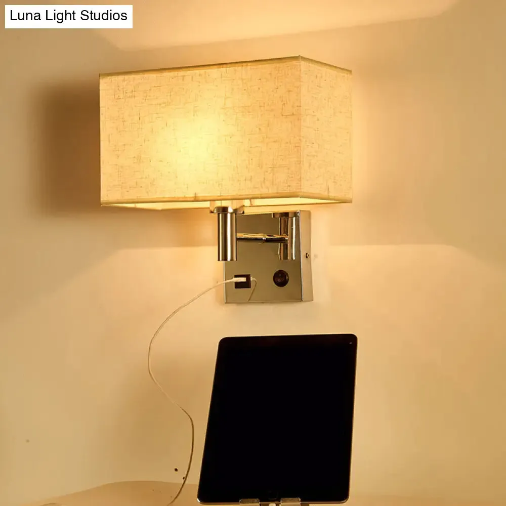 Sleek Beige/Black/White Rectangle Wall Lamp - Simplicity 1-Head Fabric Bedside Lighting