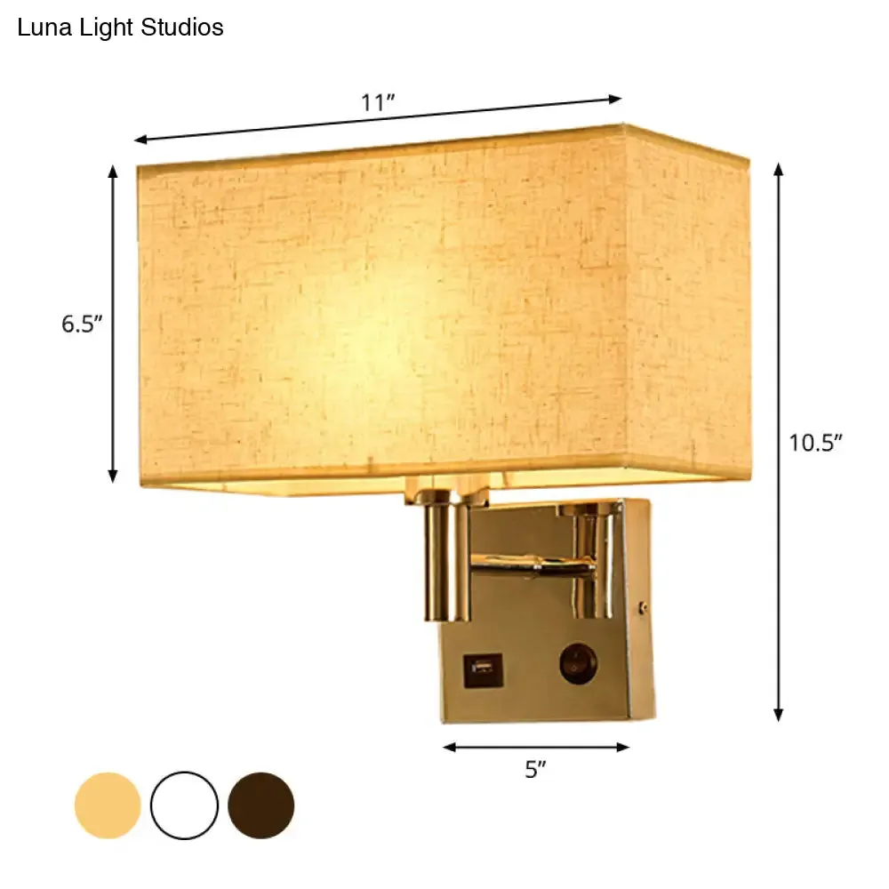 Sleek Beige/Black/White Rectangle Wall Lamp - Simplicity 1-Head Fabric Bedside Lighting