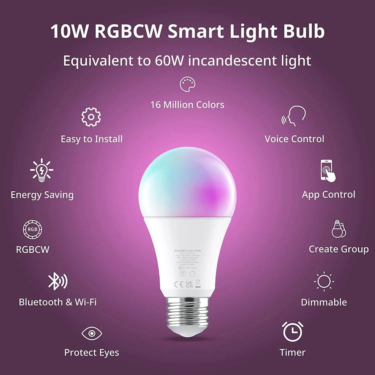 SwitchBot LED Color Bulb, E26 | Works with Alexa & Google, RGB Multicolor 10W 800lms Equals 60W Bulb, WiFi, No Hub Required